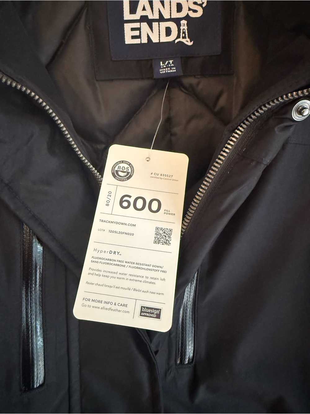Lands’ End Women’s L Tall 14-16 Black 600 Fill HyperDRY Down Parka NWT - Picture 7 of 8